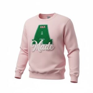 Pink Crewneck Sweater with Green Lettering